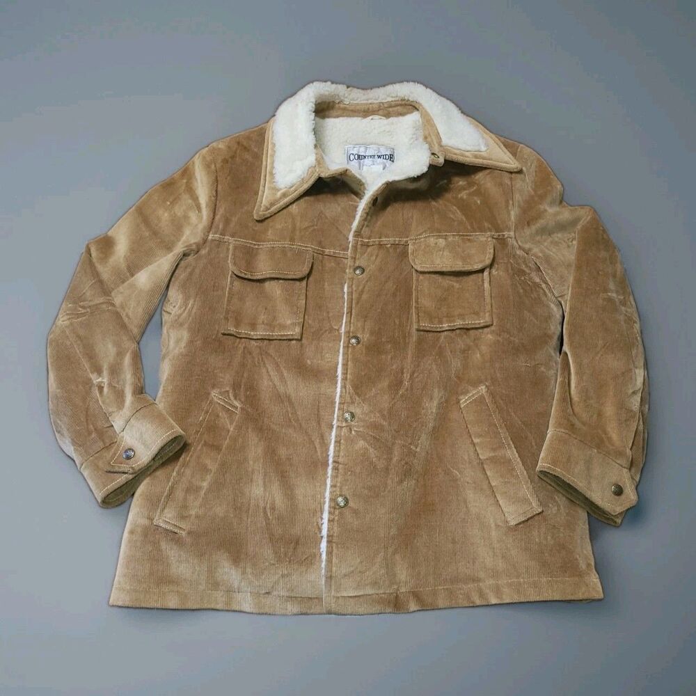 VTG 70s Country Wide Sherpa Lined Corduroy Rancher Jacket Size 46 (L/XL)